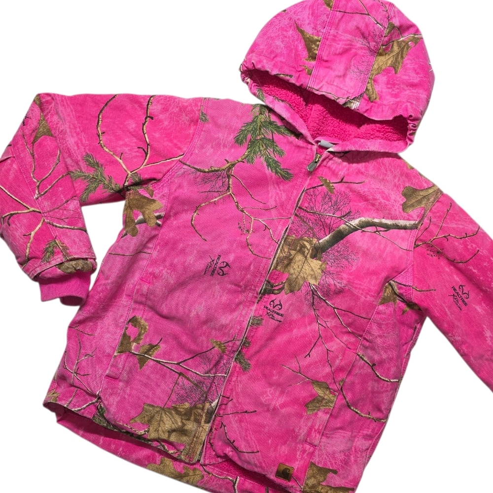 Carhartt X Real Tree Camo Pink Canvad Jacket Sherps Lined Hooded Girls Size L 14